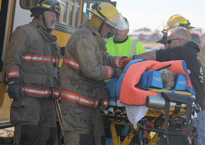 Osmond ambulance crews were on site at the scene of a truck-school bus accident east of Osmond Tuesday afternoon