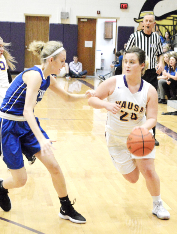 Wausa’s Clara Schindler drives the ball up the court during recent home action. The Lady Vikes will be in action again Dec. 28 when they take on Creighton in the Creighton Holiday Tournament.